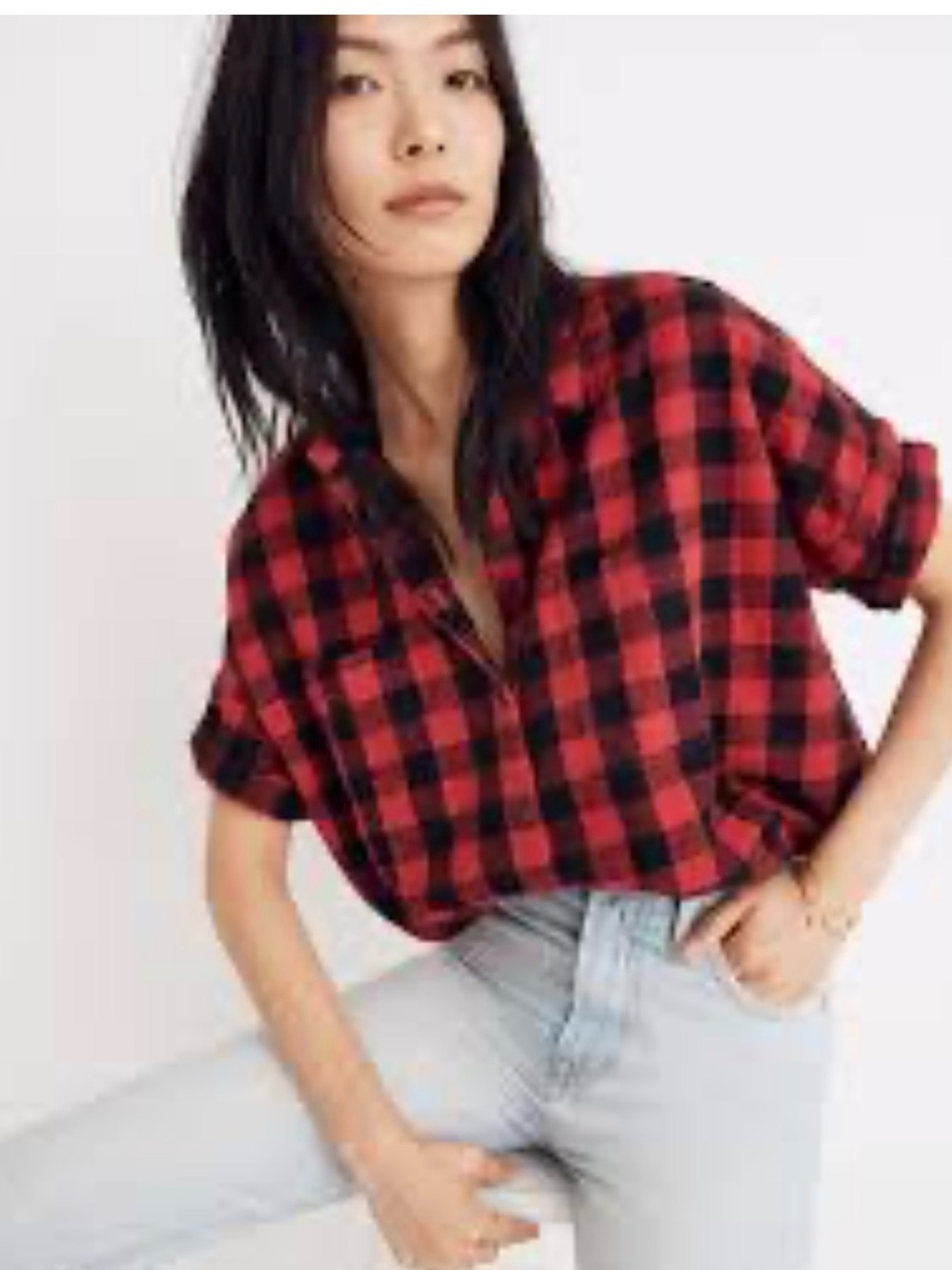 Madewell Red and Black Plaid Short-Sleeve Button-Down Shirt